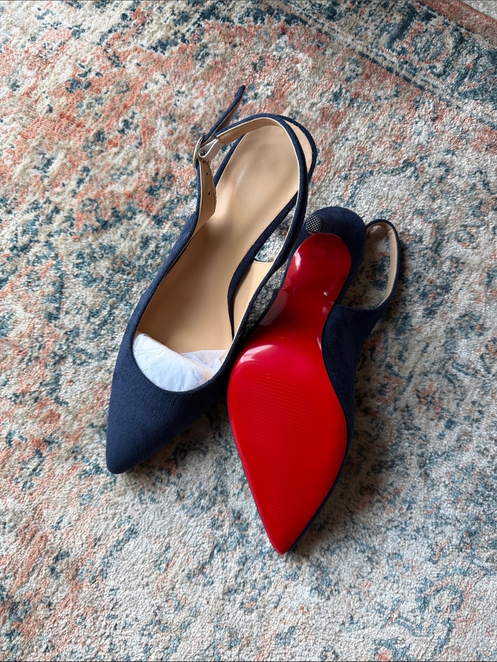 Pointed Toe Slingback Flats in Navy with Red Sole